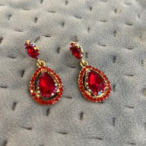 Red Pear Cut Crystals Earrings with Halo Borders-Boutique